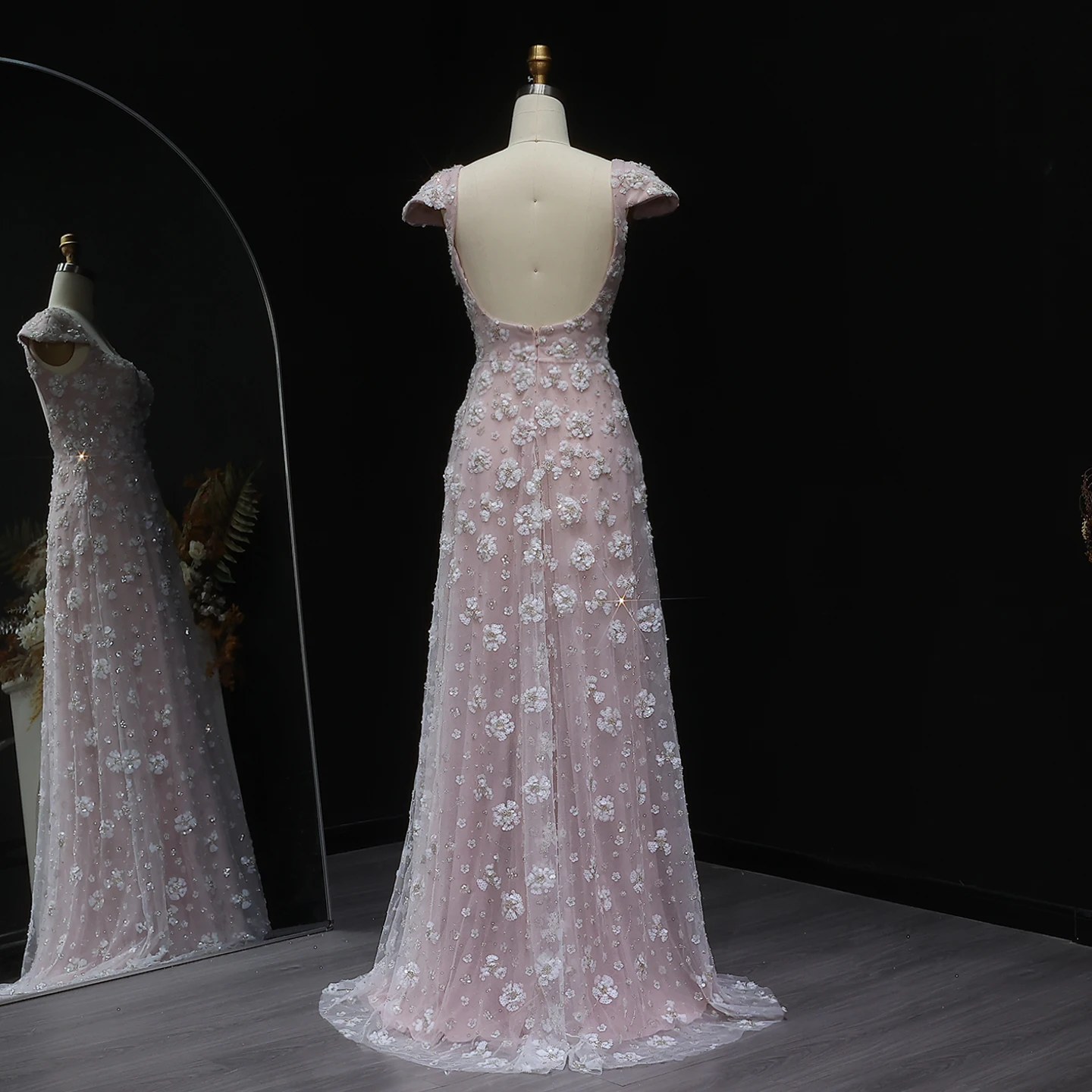 شارون سعيد أنيق أحمر الخدود الوردي الأزهار فستان سهرة طويل 2025 الزفاف ساحة العنق مفتوح الظهر فساتين حفلات SS602 تخصيص