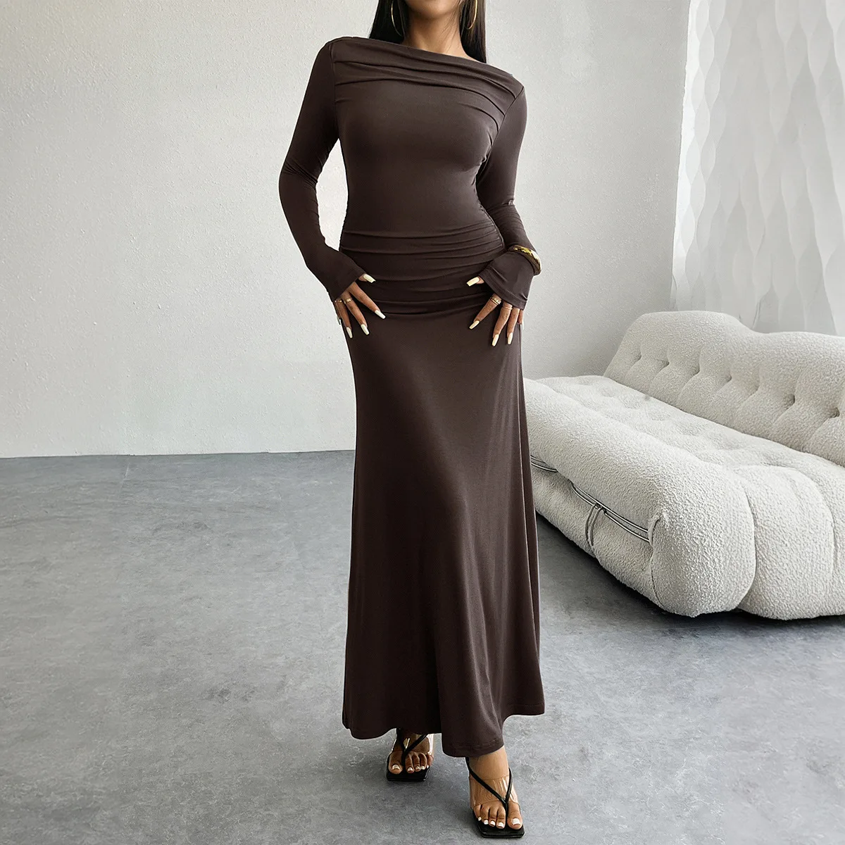 

2025 Sexy Robe Femme Solid Party Dress Elegant Slash Neck Long Sleeve Bodycon Dress Women Fashion Hight Waist Draped Long Dress