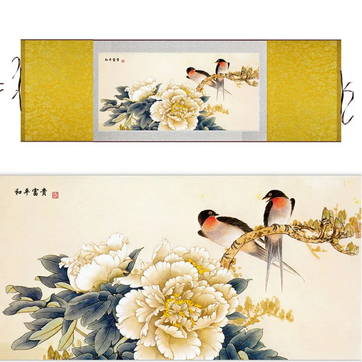 Swallow and penoy flower  Painting Home Office Decoration Chinese scroll painting birds  painting Ink wash painting