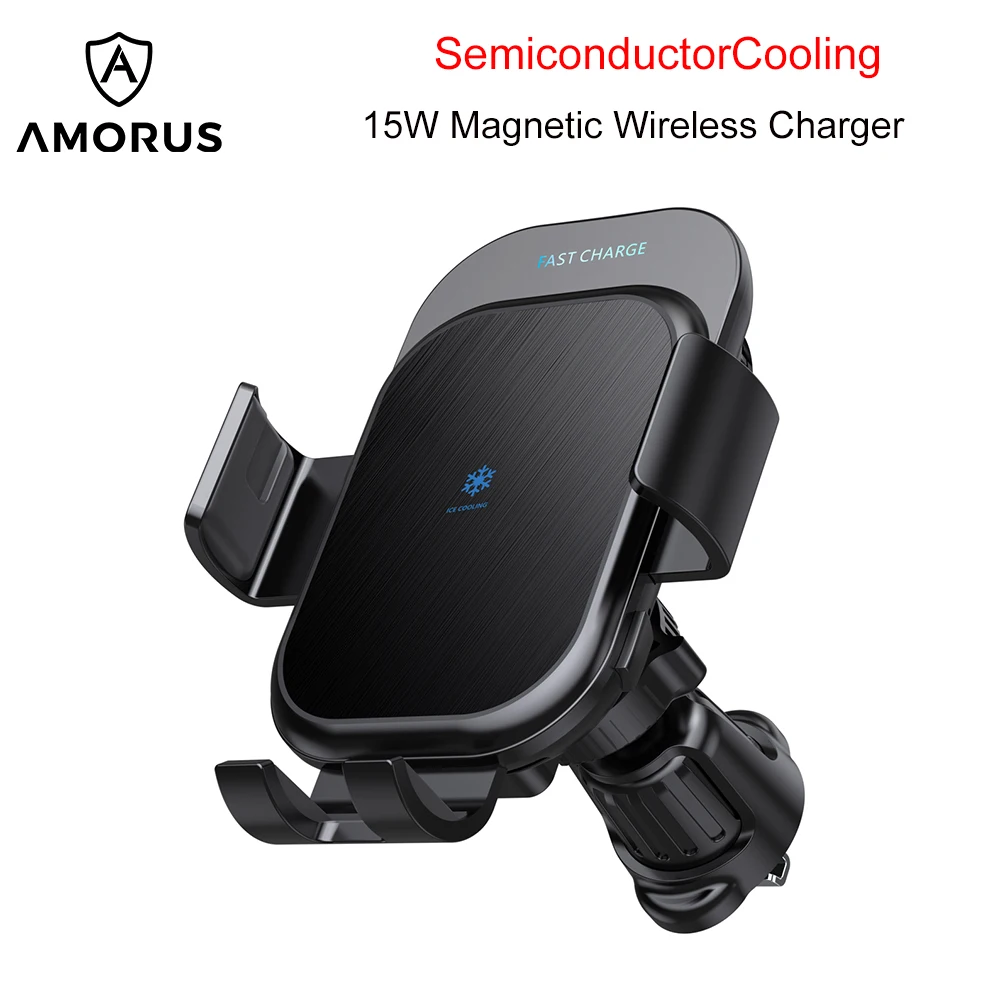 

AMORUS Dual Coil Car Wireless Charger for Iphone Samsung QI Standard Cellphone Semiconductor Cooling FAST Charger