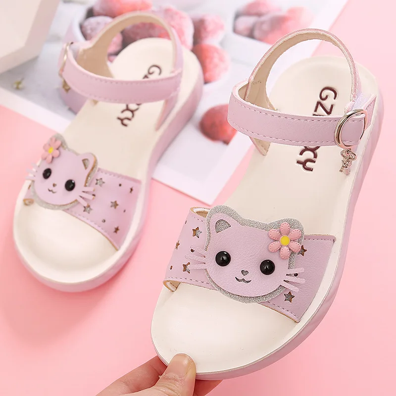 Girls Princess Sandals 21-37 Soft Sole Kids Beach Shoes Cute Open Toe Little Cats Flat Sandals Fashion Baby Non-slip Roman Shoes