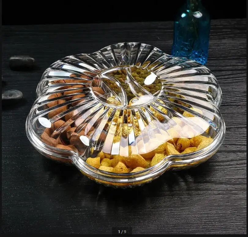 Creativity Flower Shape Acrylic Dried Fruit Box Living Room Four Grid with Cover Food Storage Transparent Amber Snacks Plate