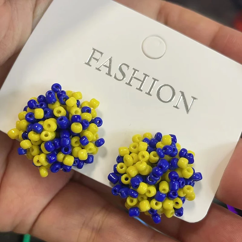 Stainless Steel Stud Beaded Dome Finding Pom Style Connector Yellow and Royal Blue Mix 15mm Small Seed Bead Topper Stud Earrings