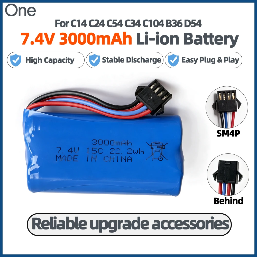 2S 7.4V 3000mAh 15C Li‑Ion RC Battery SM4P Plug Rechargeable Upgrade Replacement Parts for WPL C14 C24 C34 C54 C104 B36 RC Car