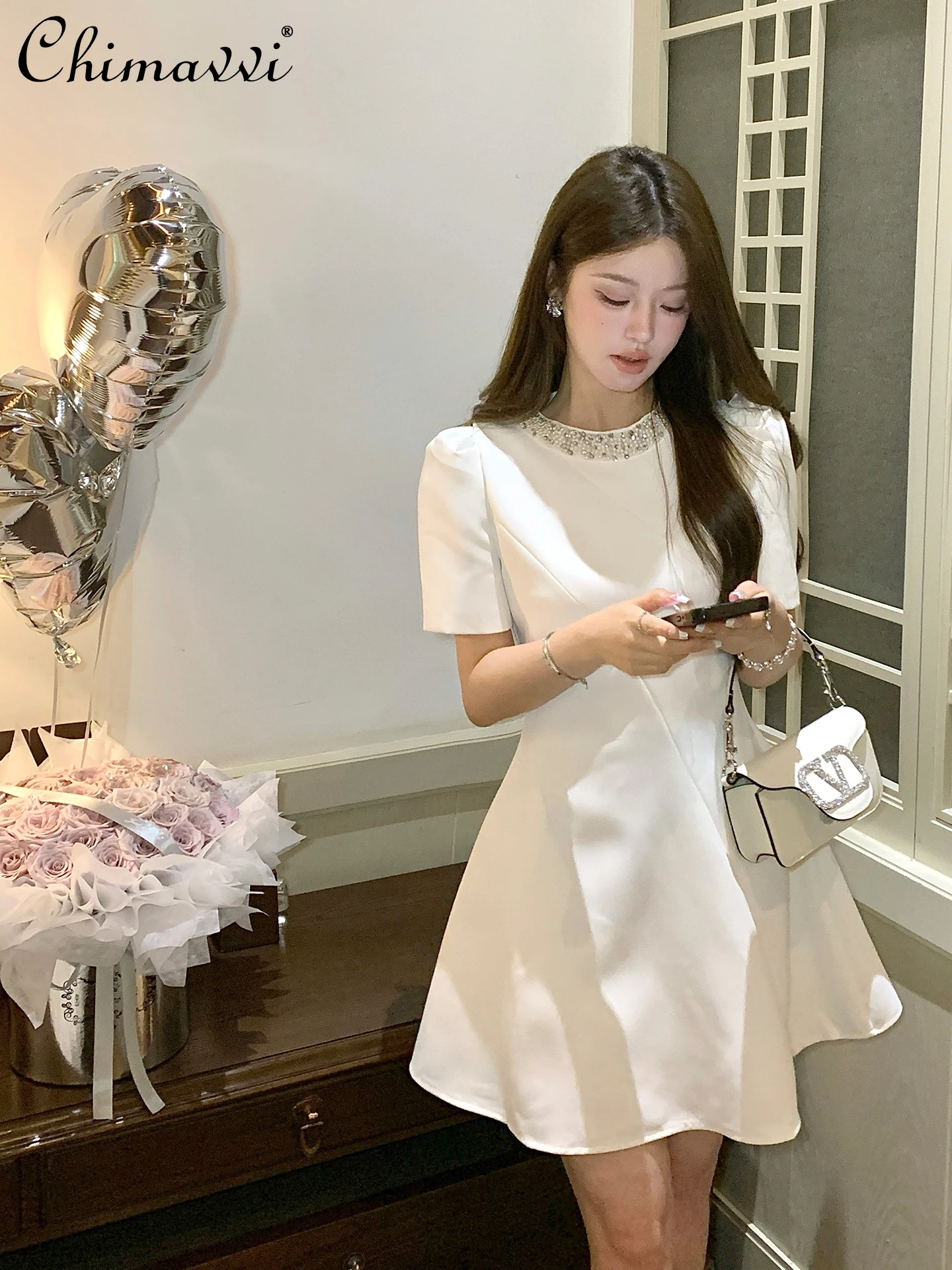 

French Elegant Socialite Beaded Diamond Round Neck Short Sleeve High Waist Slim A-line Birthday Party Mini Dress Women Summer