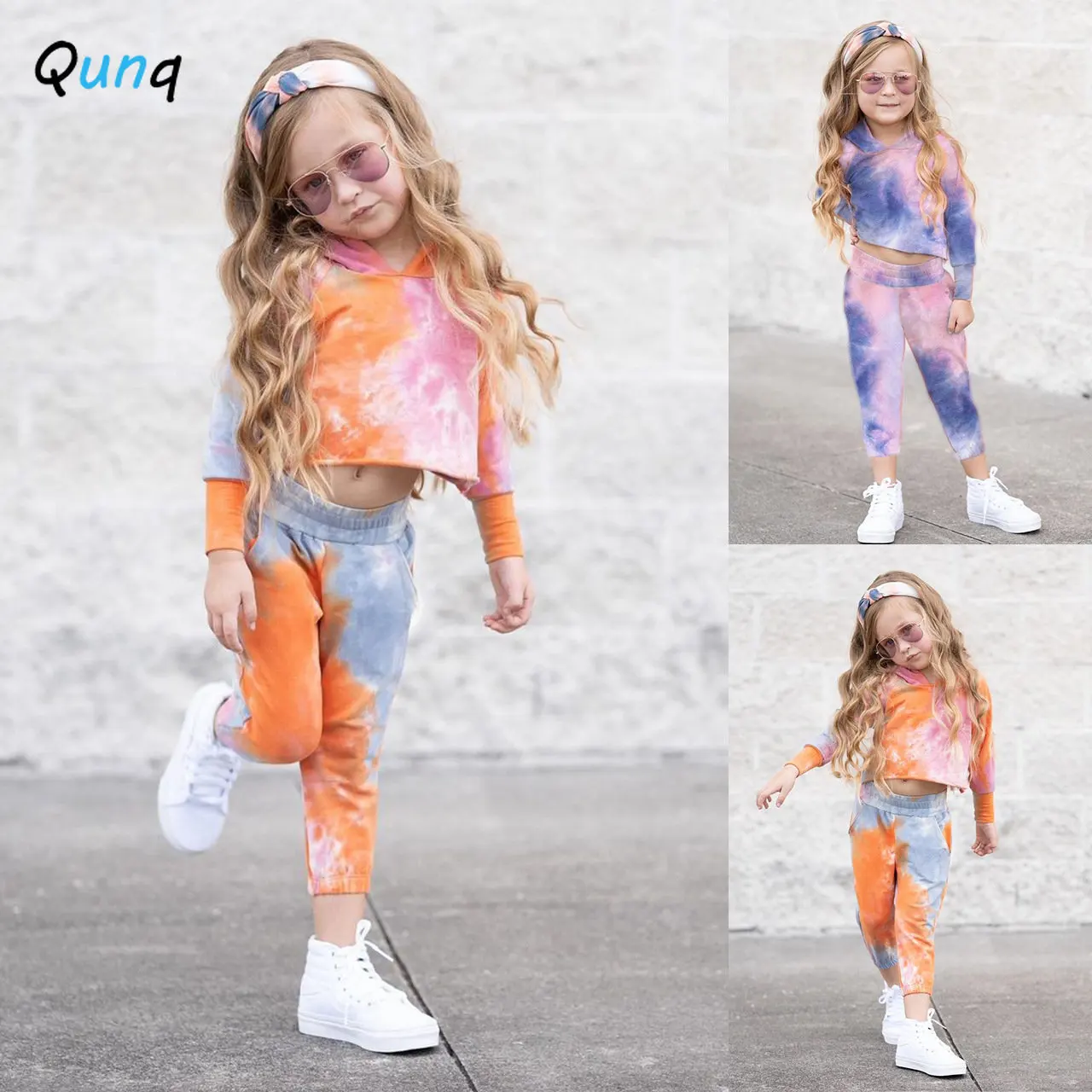 

Qunq Autumn Winter New Girls Hooded Long Sleeve Print Crop Top + Pants Lovely Sporty 2 Pieces Set Casual Kids Clouthes Age 3T-8T