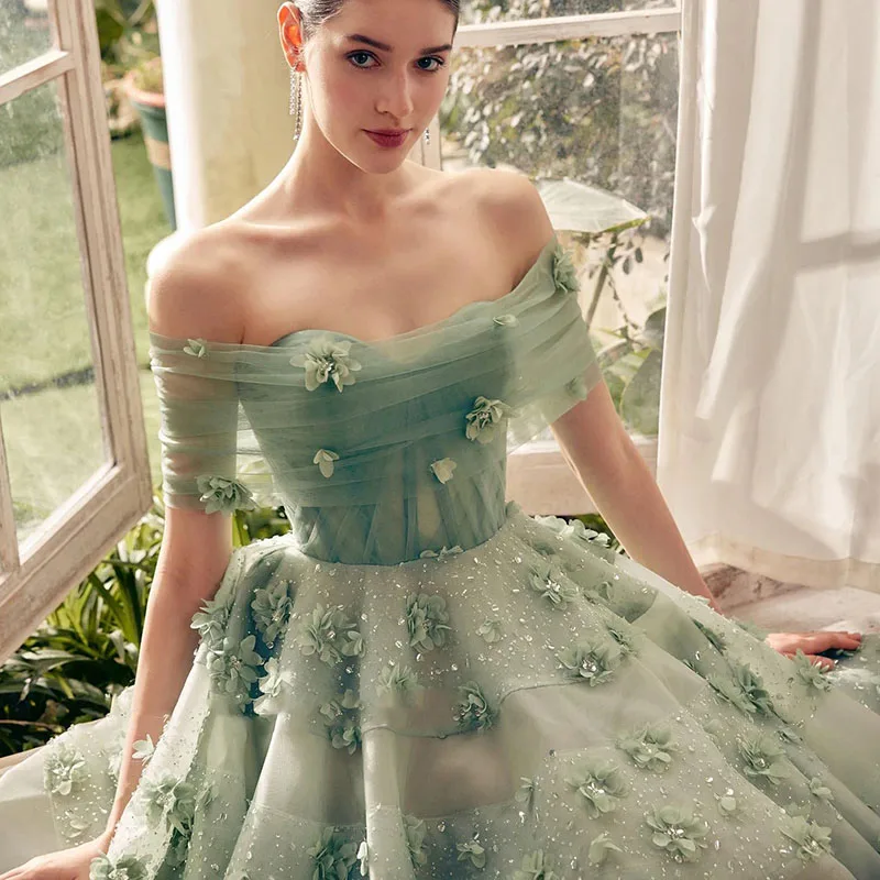 LAYXHS ファッショングリーンフォーマルイブニングドレス恋人 3D フラワー A ライン光沢のあるチュールウエディングドレスカスタマイズされた فساتين سهرة