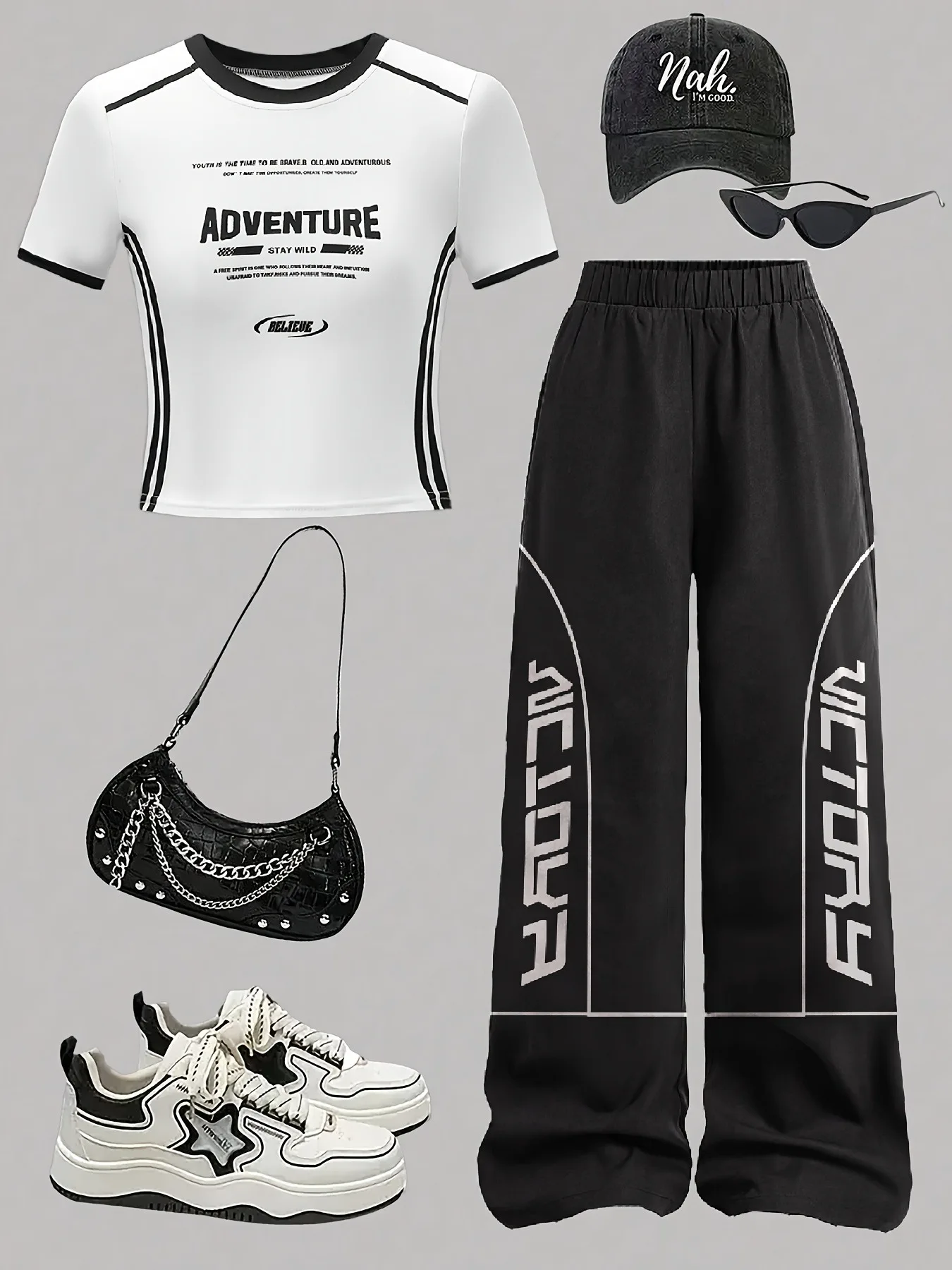 Conjunto de 2 piezas para niñas con estampado de letras, top colorblock blanco y negro y pantalones de pierna ancha, atuendo deportivo informal