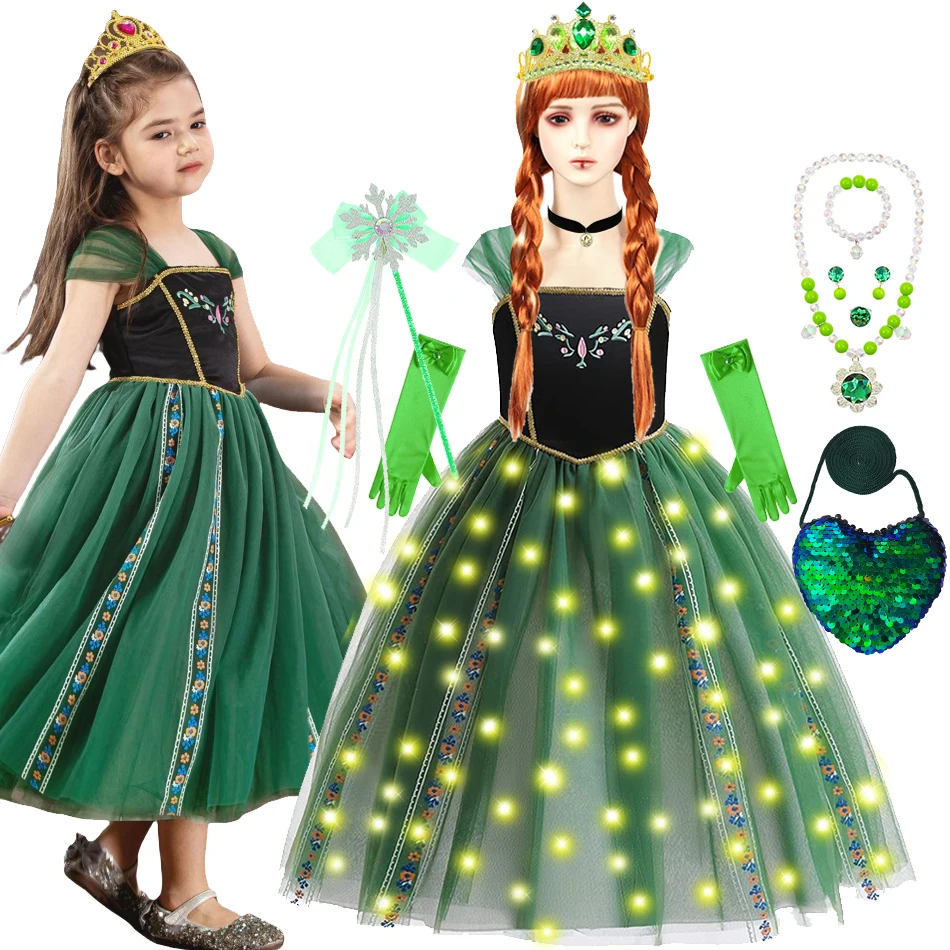 Halloween Anna Dress For Girls Frozen Cosplay Green Princess Costume Kids Classical Cartoon Role Playing Outfits Slim Fairy Sets