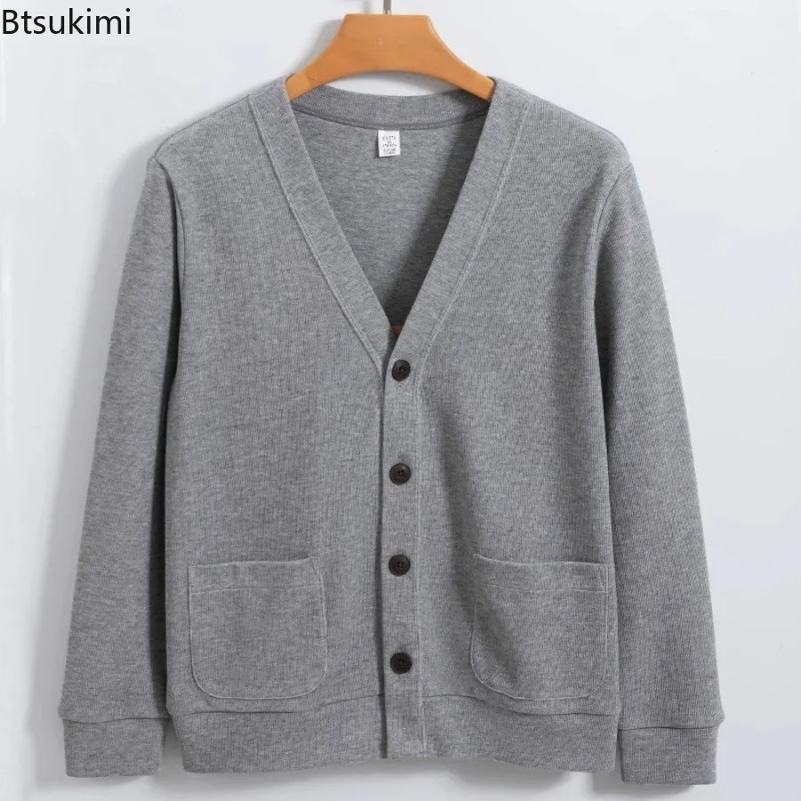 New 2025 Spring and Autumn Men's Knitted Sweater Cardigan Solid Casual Male Clothes Fashion Cotton V-Neck Collar Sweater for Men