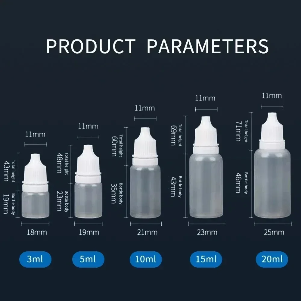 200 Stück 3ml 5ml 10ml 15ml Kunststoff-Tropfflaschen, tragbare leere quetschbare Augentropfflaschen mit Schraubverschluss, Behälter für Flüssigkeiten, Öl und Farbe – Detail 7