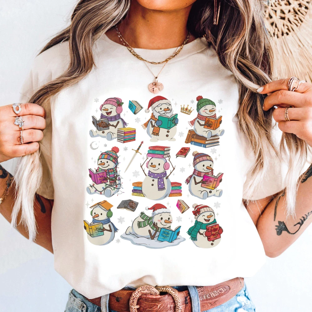 Christmas Book Lover Shirt Snowman Reading Book Tee ACOTAR 6 7 Bookish Gift Nesta Reader Holiday Tshirt Casual Streetwear Tops