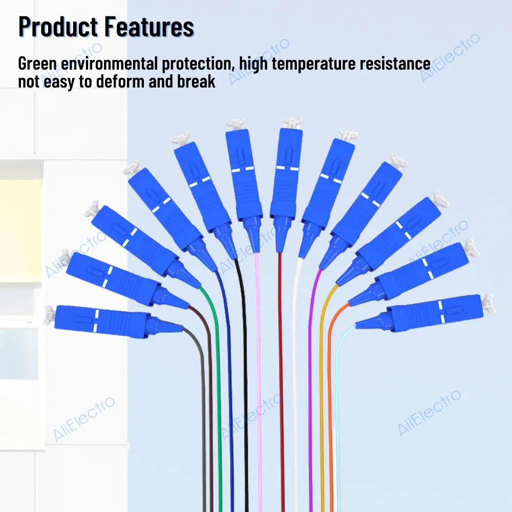 Cable de parche de fibra óptica SC UPC Pigtail-SM(9/125), 1,5 M, fanout SC/UPC, SM simplex, 12 colores