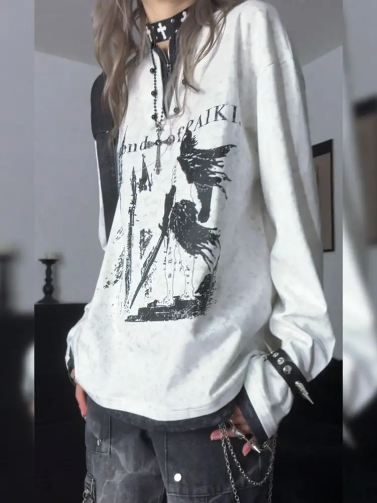 

Subcultural Y2k, американские белые футболки с принтом, летний топ из двух предметов для женщин, новинка 2025, свободные темные толстовки Academy