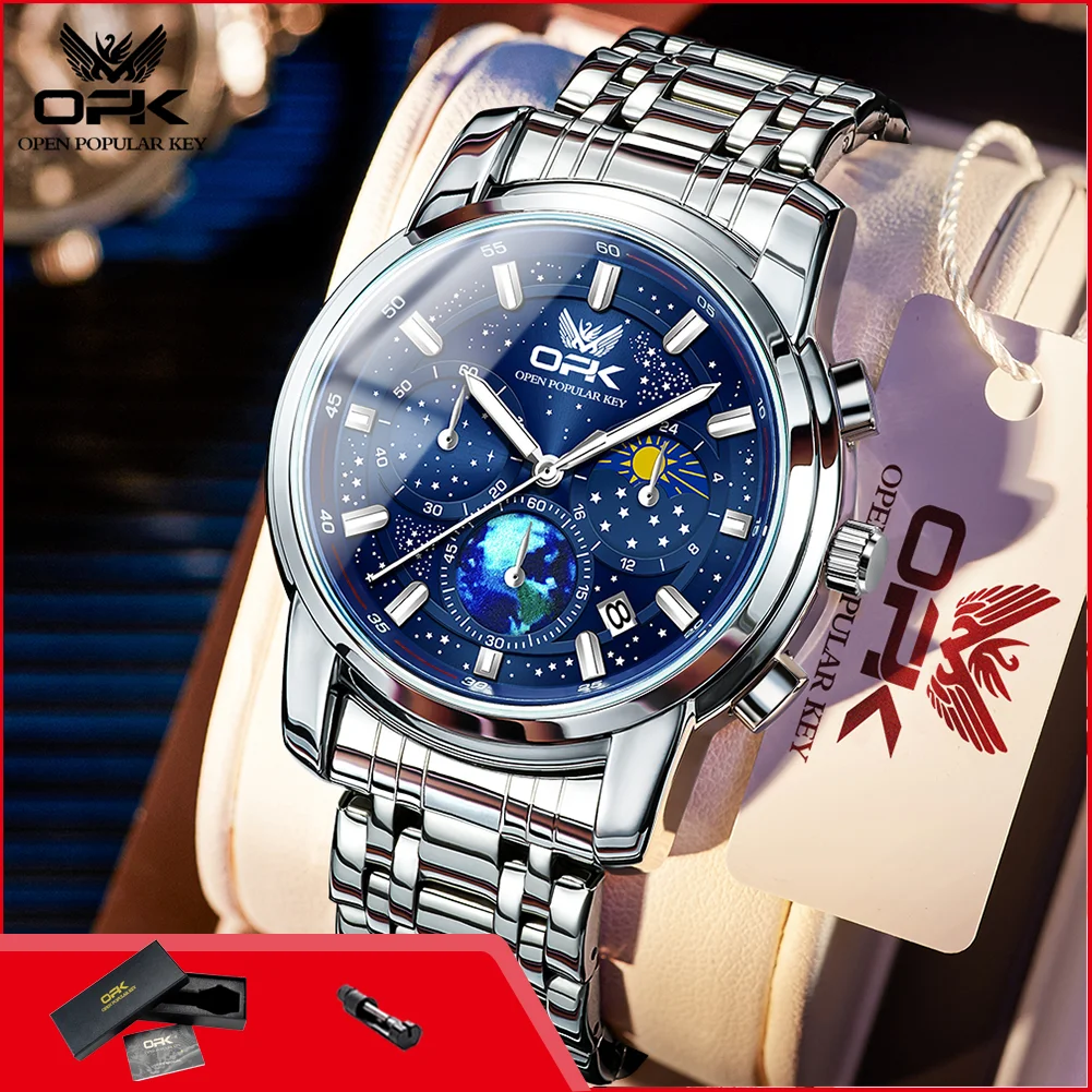 

OPK 8142 Chronograph Mens Watch Waterproof Luminous Moon Phase Auto Date Original Luxury Quartz Man Wristwatch