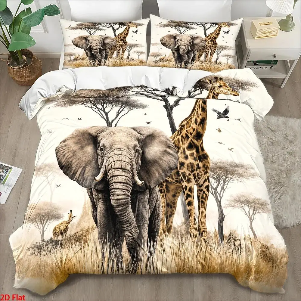 3Pc African Wildlife Print Quilt Cover Set, Three-Piece Bedding Set (1*Quilt Cover + 2*Pillowcases), Quilted Quilt Cover + Invisible Zipper, Soft, Skin-Friendly, Breathable Personal Bedding, Suitable for All Seasons, Easy to Clean, Durable, Wrinkle-Resistant, Machine Washable, Modern Light Luxury Nordic Style Bedroom Decoration, Home Master Bedroom Guest Room Student Dormitory Cozy Home Decor, Large Personal Bed Cover Bedding Set Combination 2D Flat Print