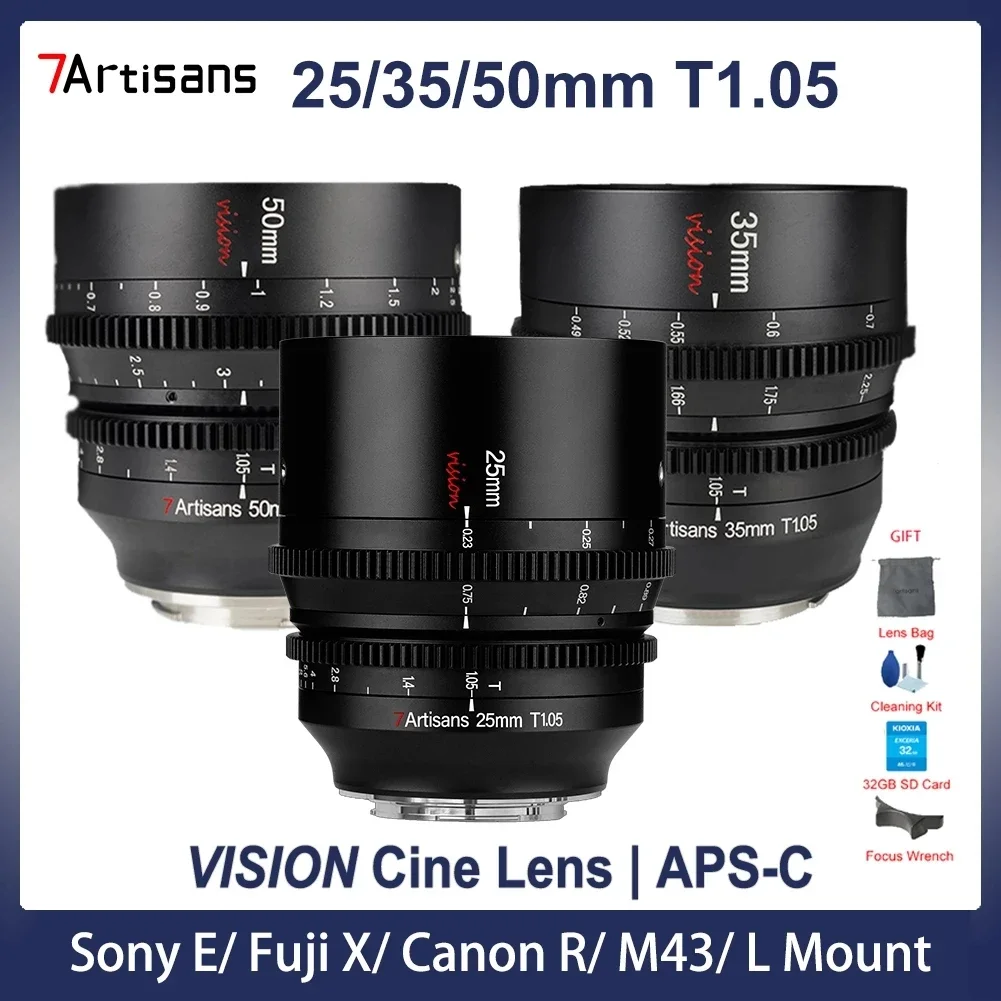 NEW 7artisans 7Artisans 25mm 35mm 50mm T1.05 APS-C Cine Cinematic Lens for  E Canon R RF Fuji X M4/3 Leica Sigma  L