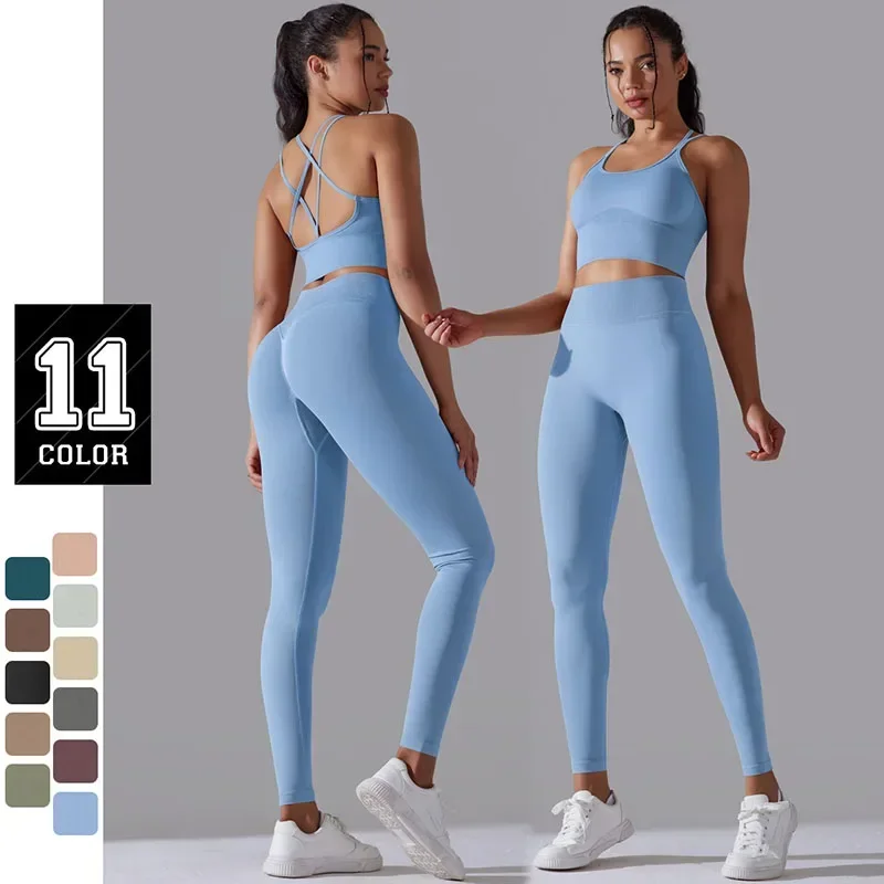 Dames Nieuwe Naadloze Gebreide Strakke Mode Hoge Taille Yoga Hardloopfitness Tweedelige Set