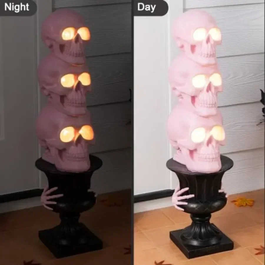 Halloween porch decor: pink MGO skeleton statue with black urn timer, 31.50 H lighted stacked decoration for outdoor indoor yar