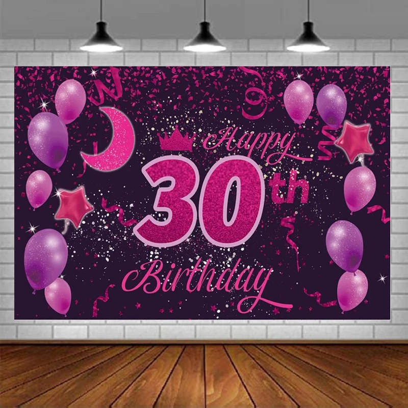 Photography Backdrop 30th Birthday Party Supplies Photo Background Decor Banner Poster For Girls Boys Women Men - Pink Purple