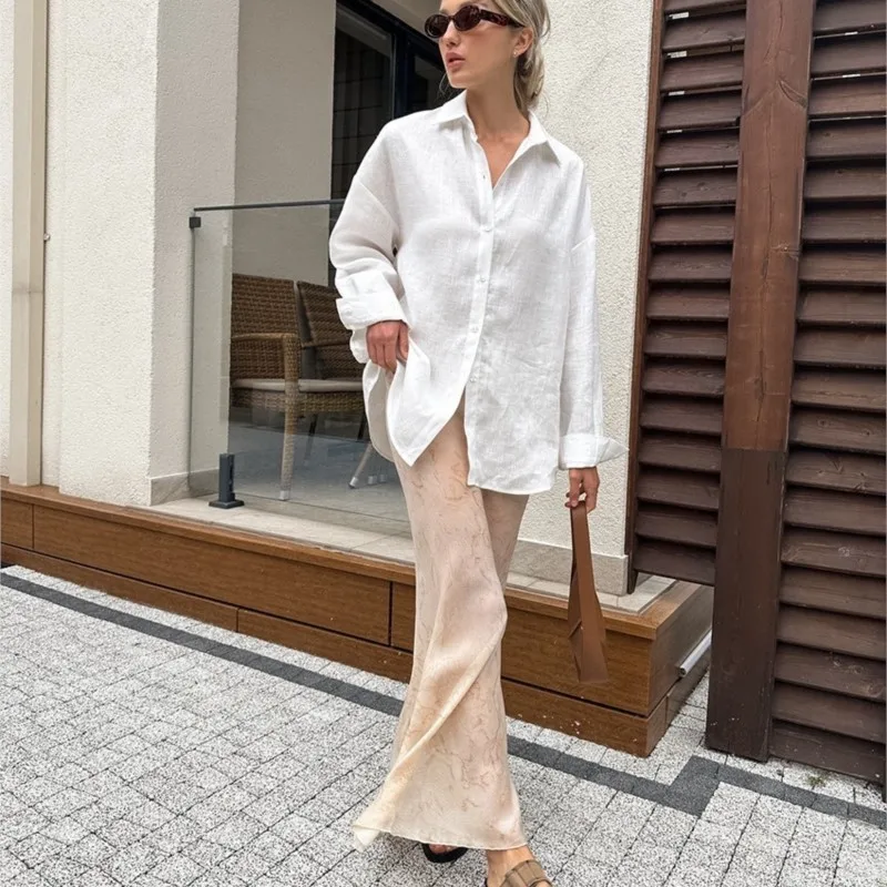 캐주얼 버튼 여성 루즈 셔츠 솔리드 턴다운 칼라 긴팔 싱글 버튼 여성 상의 2025 봄 여름 여성 셔츠