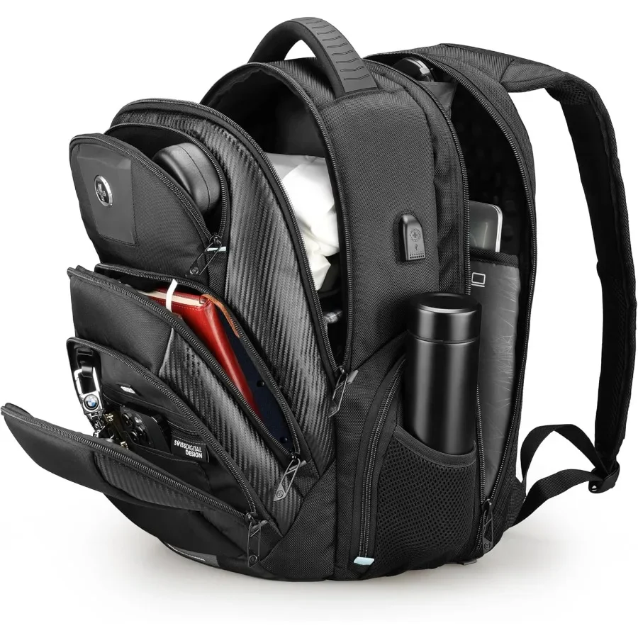 حقيبة ظهر للكمبيوتر المحمول للأعمال من Swissdigital Design TSA للرجال ذات سعة كبيرة للسفر مع Apple Find My Network وUSB Char #6