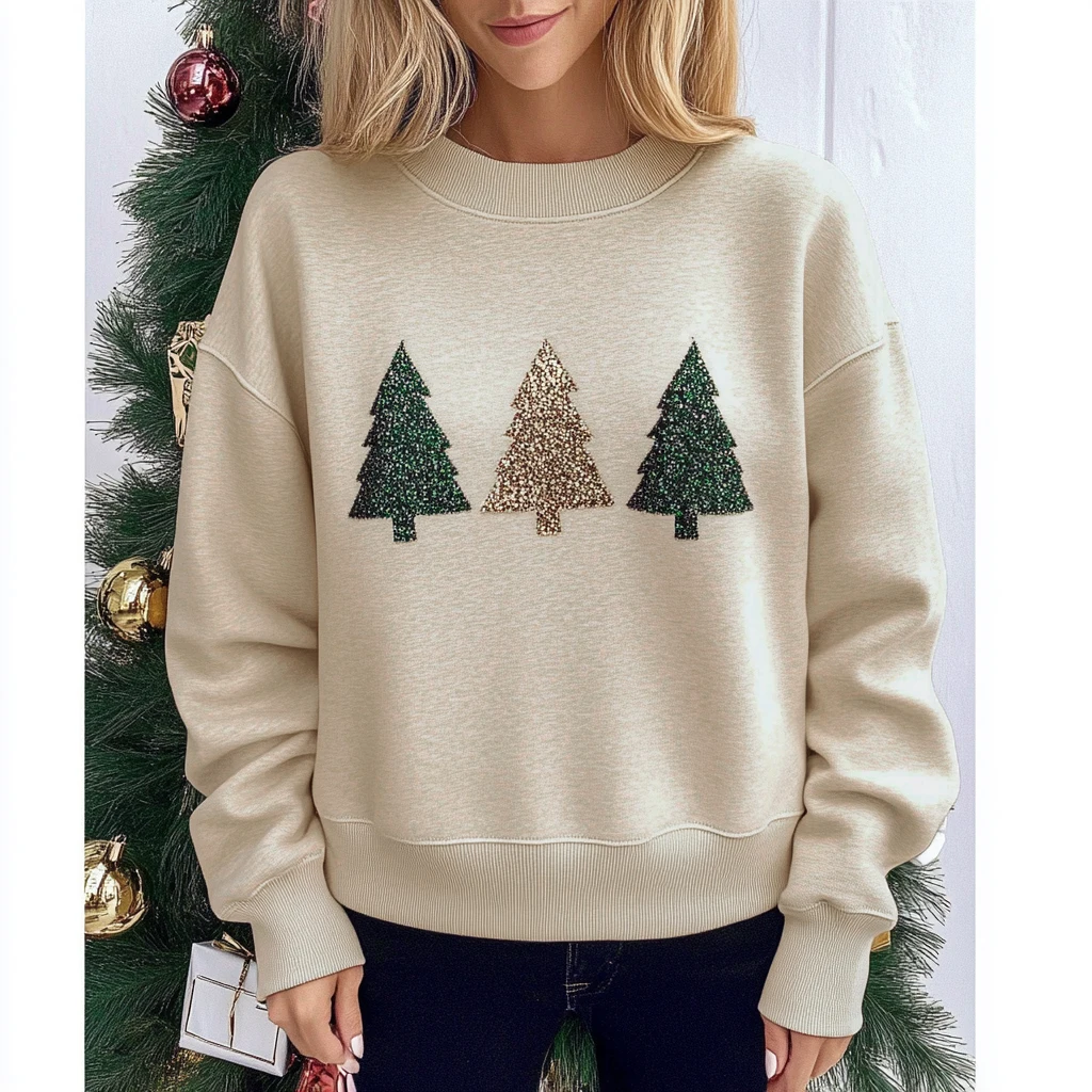 Mia Muse Women's Sweatshirts Winter Simple Apricot Christmas Tree Long Sleeve Crew Neck Regular Casual Sweatshirts