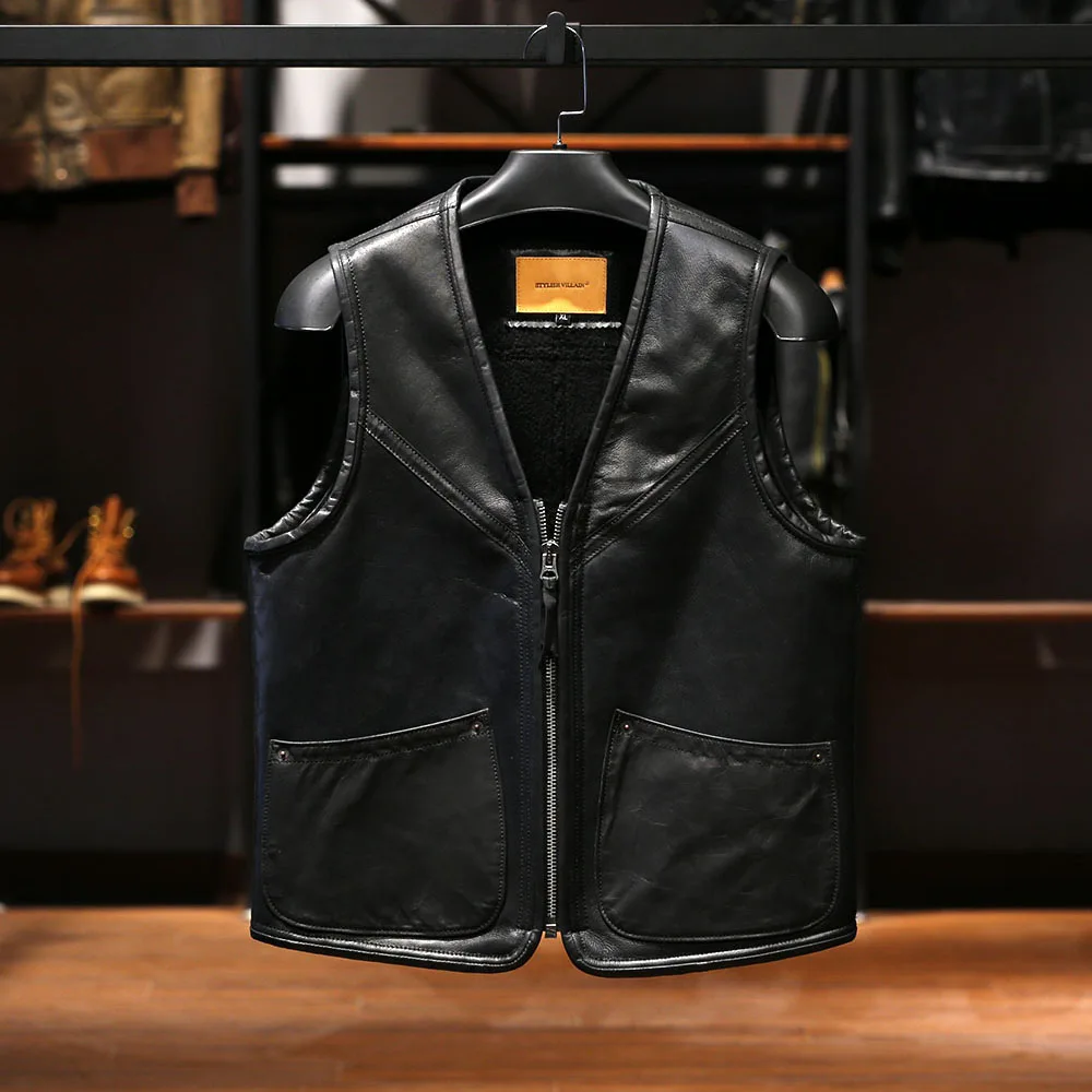 Winter Casual Warmth Shearling Sheepskin Fur Genuine Leather Jackets Men's Sleeveless Vest & Waistcoats