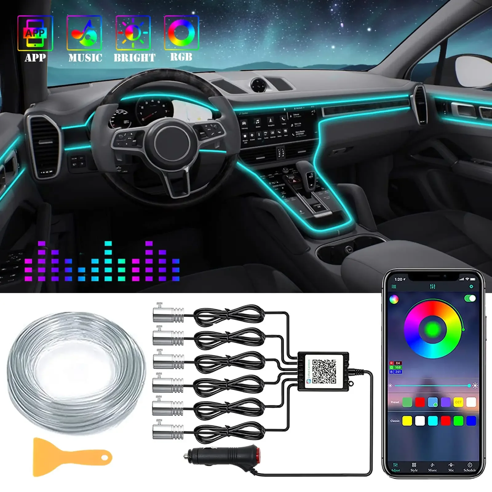 

Interior Car LED Strip Lights RGB 6 in 1 Ambient Lighting Kits with 8M Fiber Optic 16 Million Colors APP Control Car Neon Lights