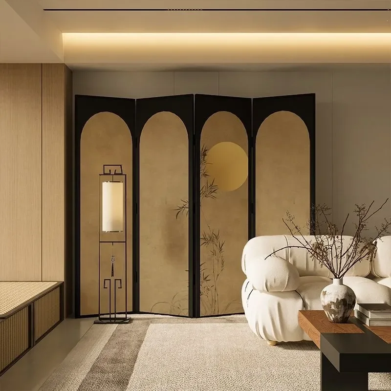 New Chinese Style Folding Bamboo Screen Movable Room Divider for Living Room Entrance Tea Room Bedroom Bedside Moon Design