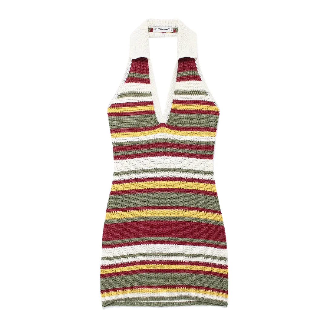 

Women's new fashion elastic slim printed stripe hanging neck knitted mini dress retro sleeveless backless women's dress Mujer