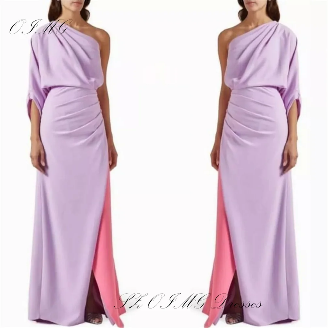 

OIMG New Design Prom Dresses Arabic Purple Women One-Shoulder Elegant Satin Ruched Sheath Evening Gowns Formal Party Dress