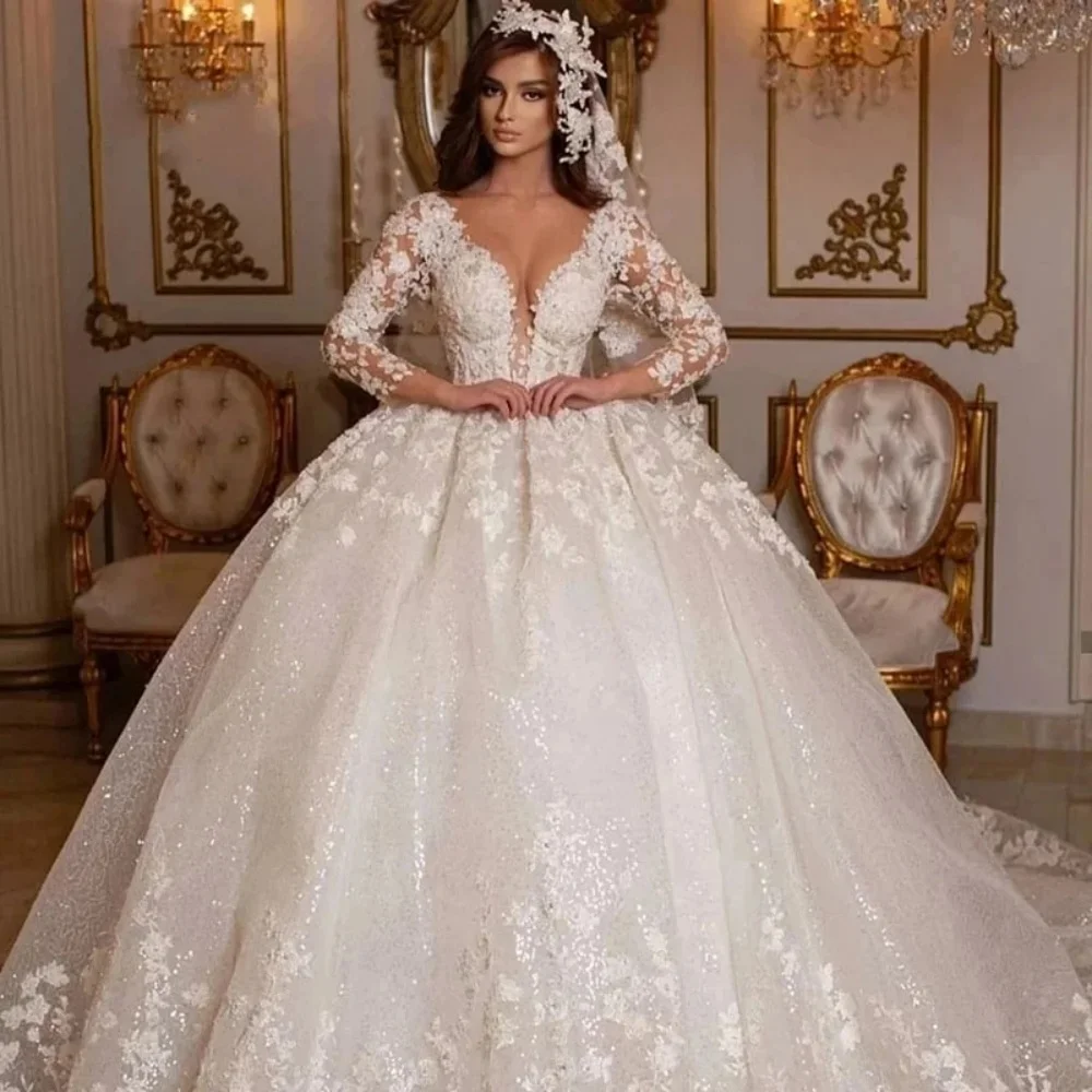 

Vintage Ball Gowns Wedding Dress Sequins Beaded Appliques Marriage Dress Custom Made Tulle Long Sleeves Luxury Bride Gown