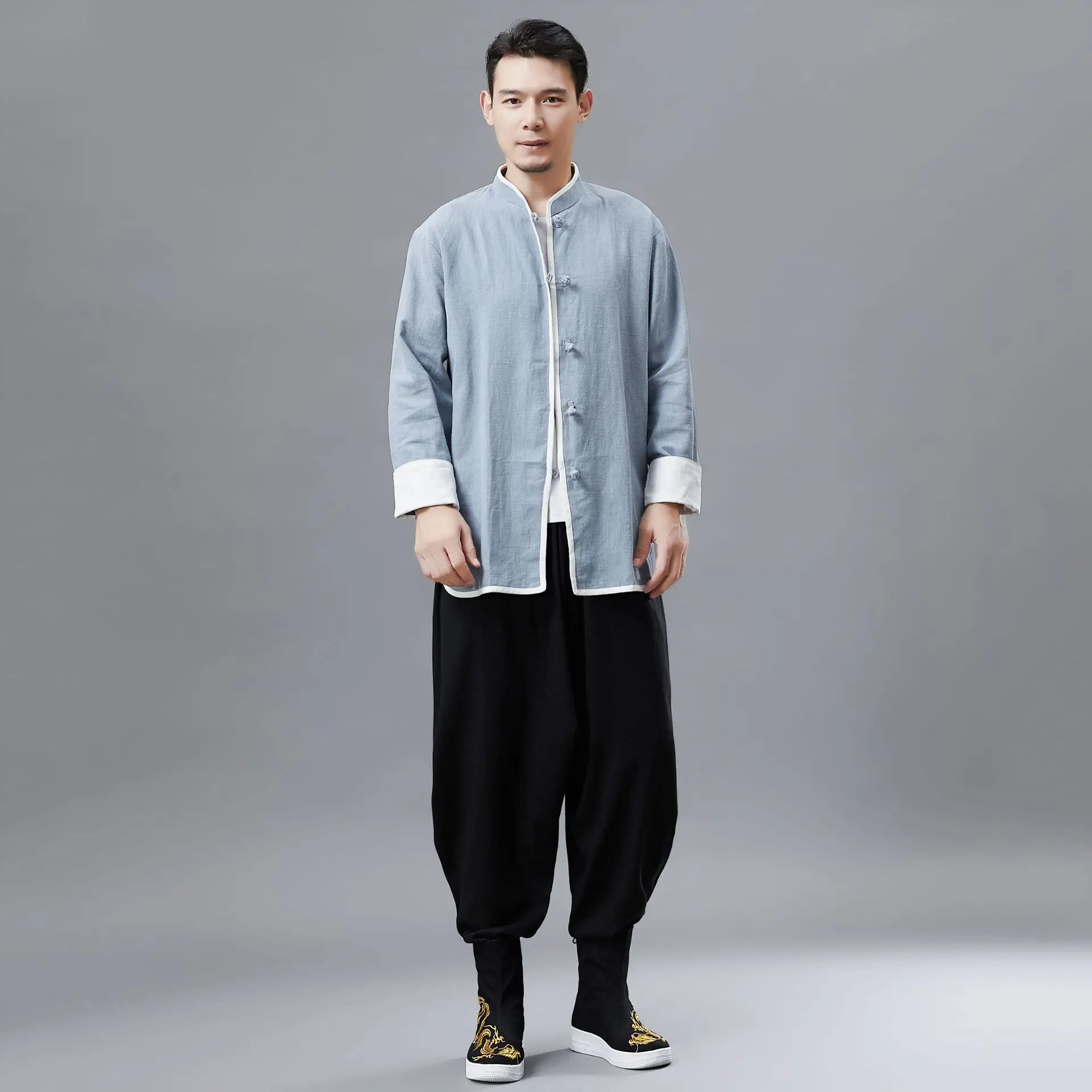 

Autumn New Style Rolled Shirt Stand Collar Small Cloth Cover Men's Shirt Chinese Artistic Style Top Rolled Design