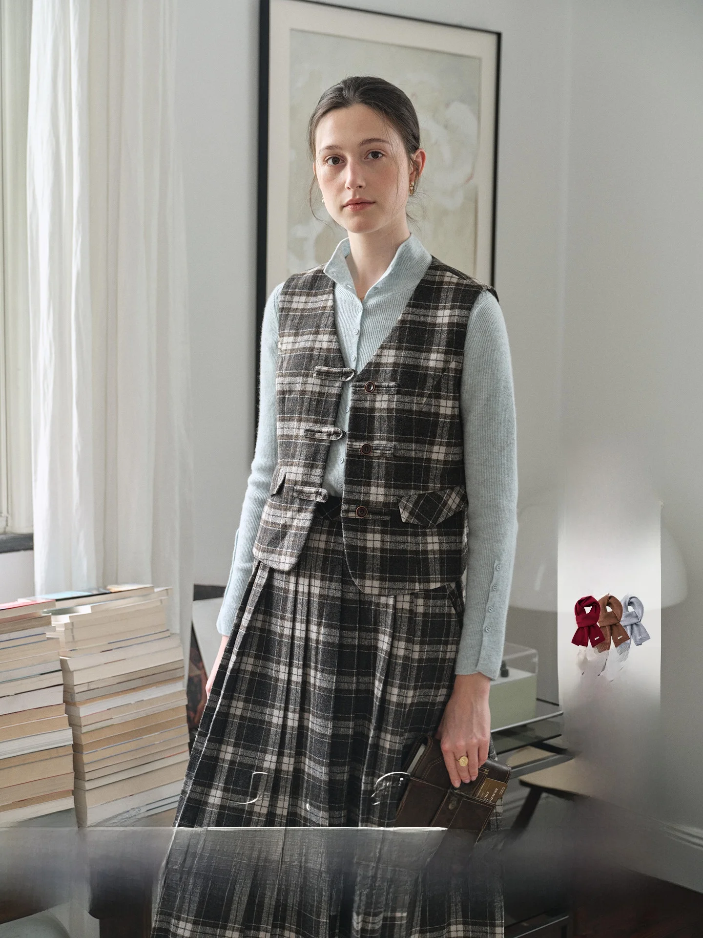 SimpleRetro Scottish Page Retro Intellectual Style Wool Plaid Set Women's Vest  Skirt Fashionable Winter Autumn Outfit