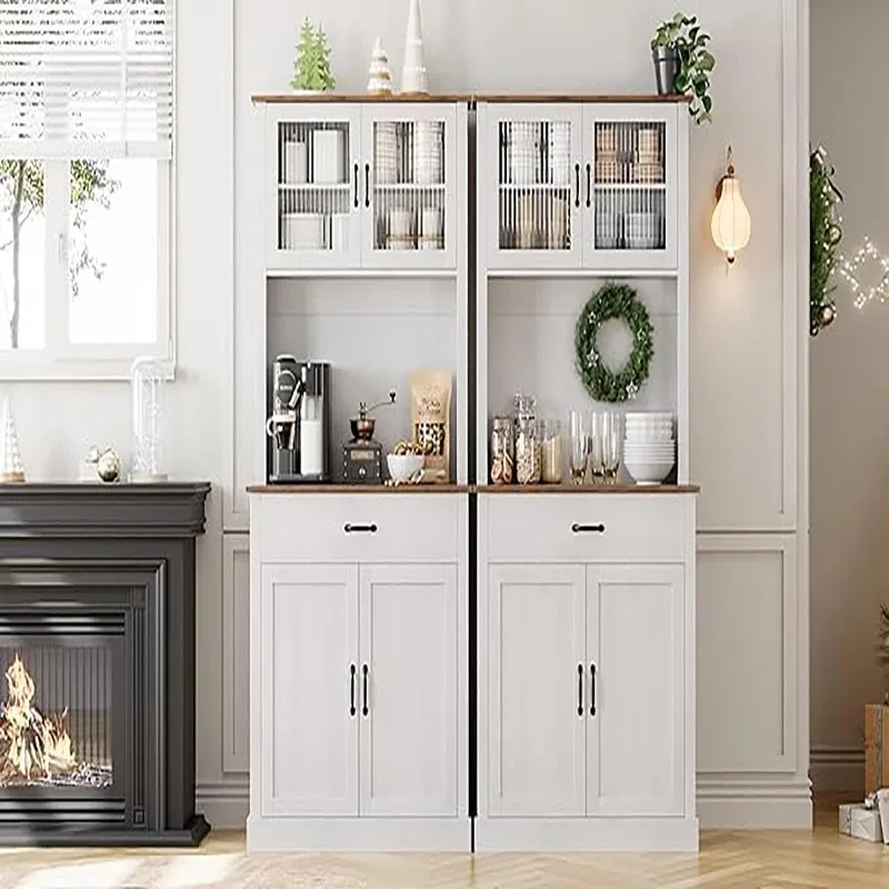 Kitchen Pantry Cabinet, 71 in Tall Kitchen Hutch Storage Cabinet with Microwave Stand, Freestanding Buffet Glass Doors for Dinin