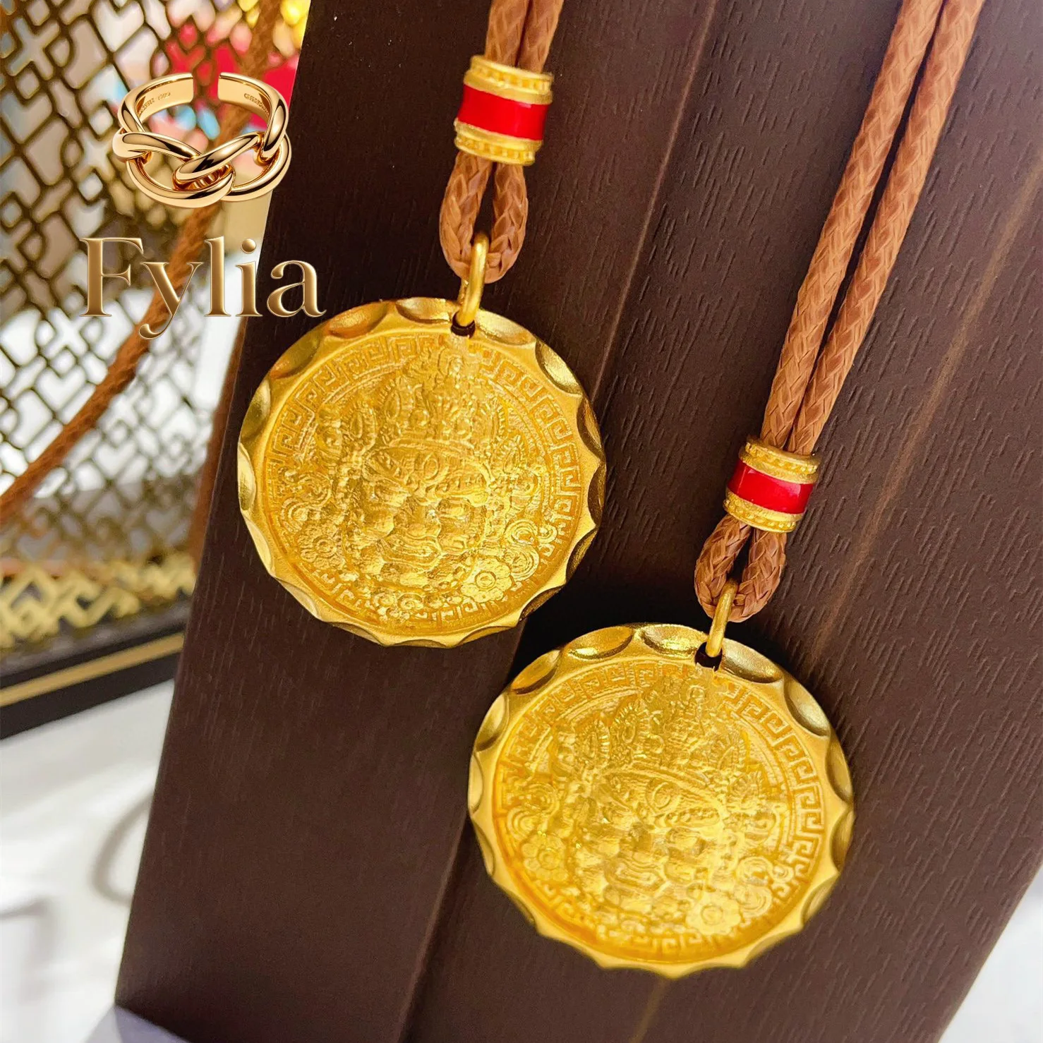 Fylia Jewelry  Luxury gold yellow God of Wealth pendant 999 real gold Wealth pull round card pendant ancient method necklace pen