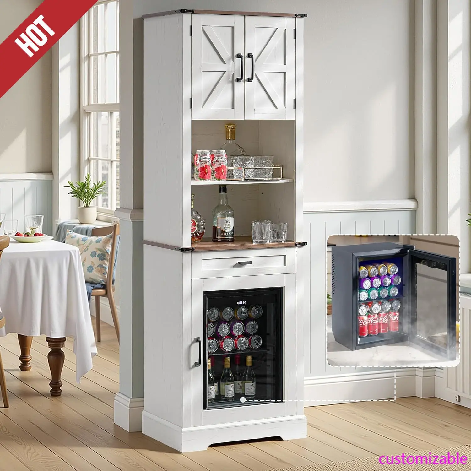 Frigidaire Bar Cabinet with Fridge (included), 69" Farmhouse Wine Cabinet
