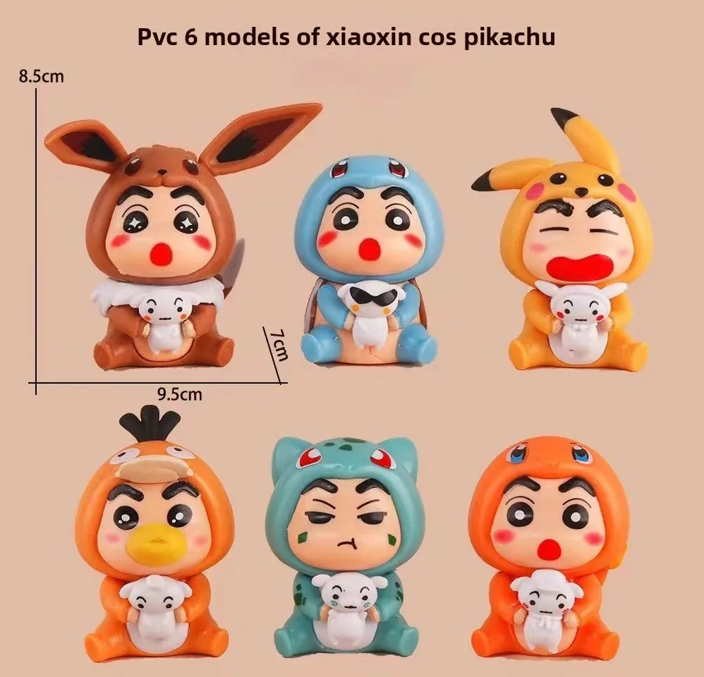 

6Pcs/Set Q Version Crayon Shin-chan Anime Figure Shin-chan COS Pokémon Pikachu Action Figure Room Decorations PVC Collection Toy