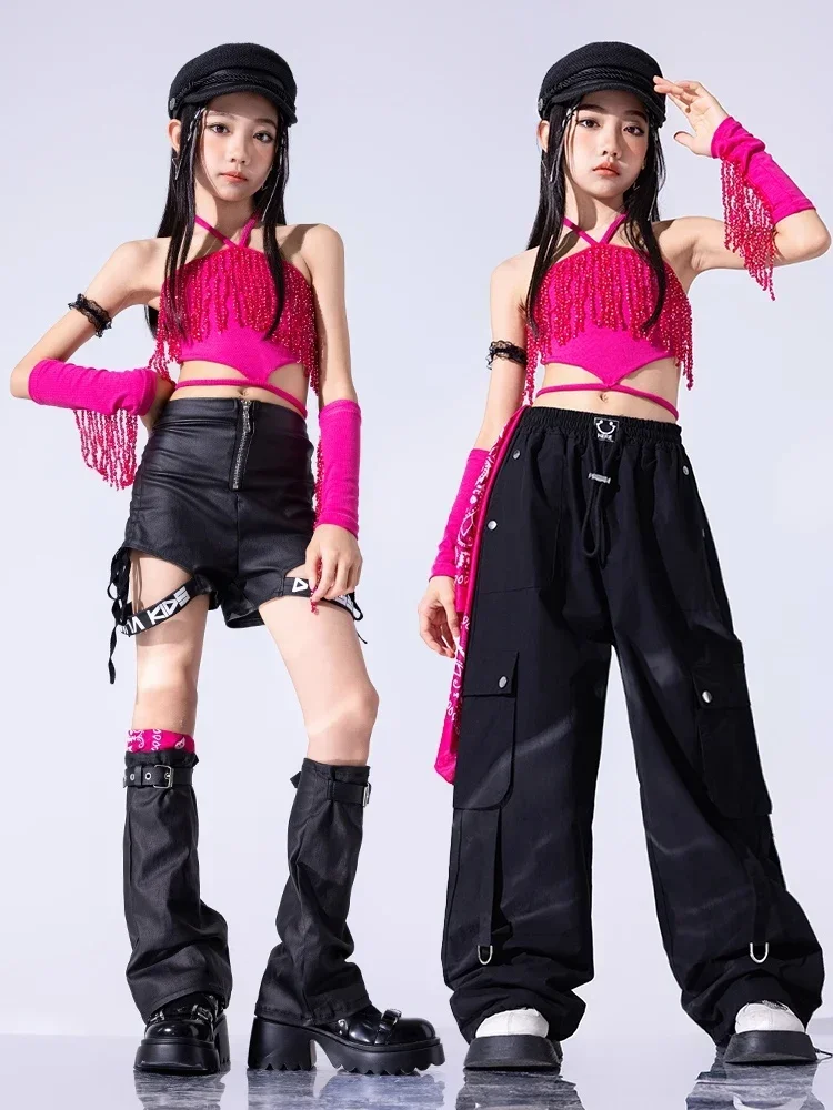 

Girls Jazz Dance Costume Cheerleading Hip Hop Performance Clothes Stage Wear Kpop Rose Red Fringed Tops Black Pants