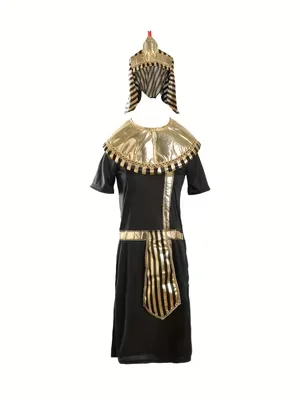 Kids Egyptian Pharaoh Costume 5-Piece Set Headdress Collar Belt Shoulder Strap Black Gold Tunic Halloween Cosplay Outfit view 3