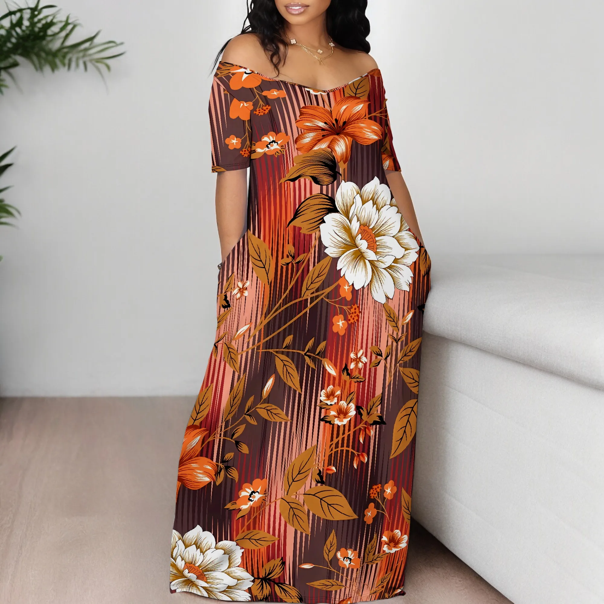 Boho Off Shoulder Maxi Dress Women Brown Floral Stripe Print Casual Summer Long Dress