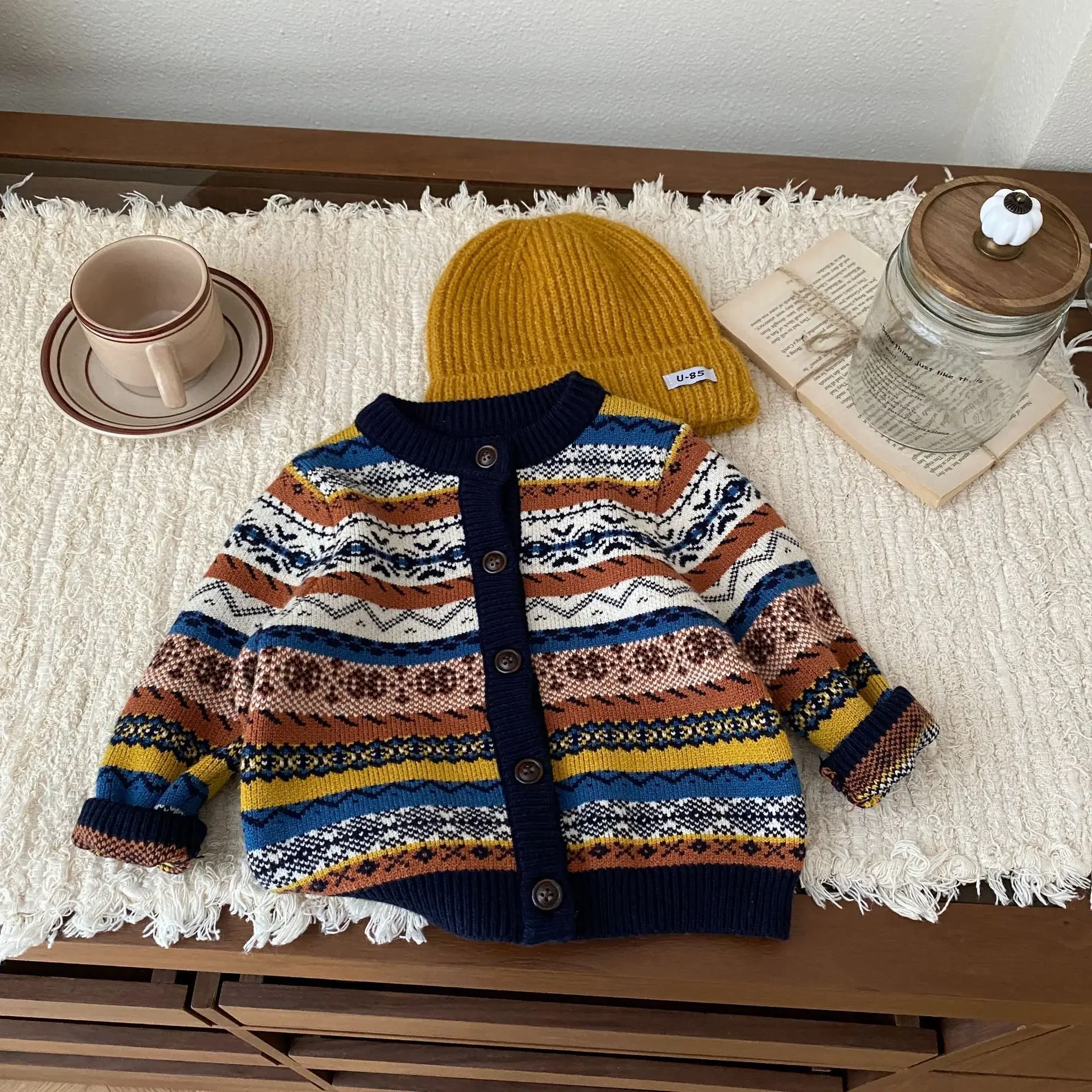 Autumn Winter England Style Fashion Boy Girl Children Striped Knitted Cardigan Long Sleeve Sweater Baby Thicken Warm Tops Coat