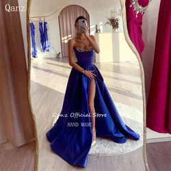 Qanz Dark Blue Evening Dresses Crystal Satin Vestidos De Fiesta Elegant Sleeveless Sexy Side High Split Party Dress  Customized