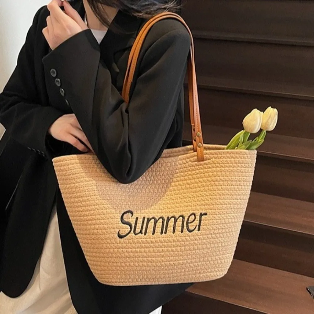 

Simple Letter Women Tote Bag Solid Color Korean Style Weave Beach Bag Large Capacity Basket Cotton Rope Handbag Seaside
