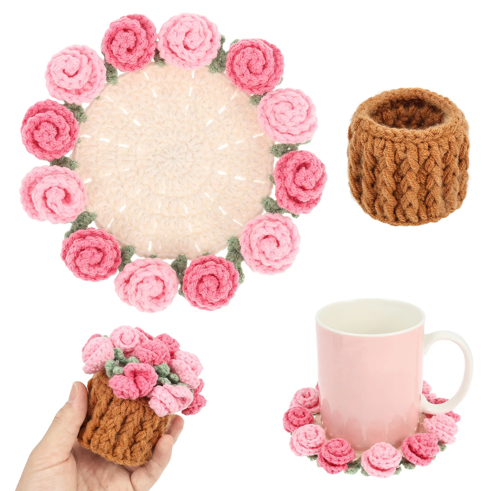 Rose Crochet Coasters with Plant Pot Handmade Knitted Flower Bouquet Coaster Coffee Table Cupmat Placemat Home Office Decor