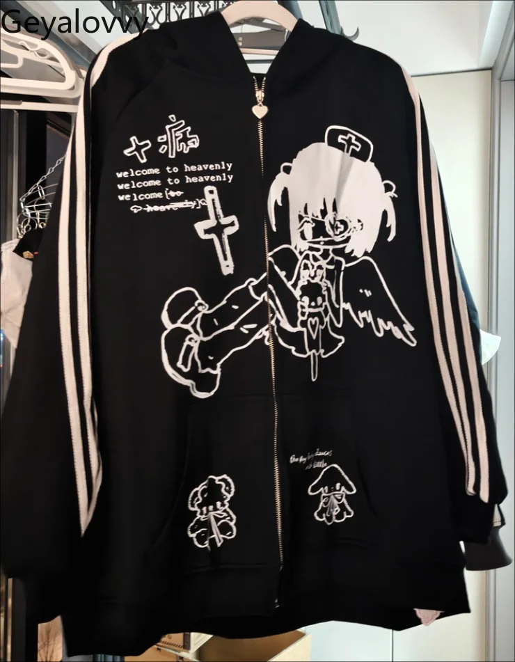 

Fashion New 2025 Loose Hooded Coats for Women Original Pattern Zipper Sweatshirt Japanese Style Ladies Casual Jacket Femme