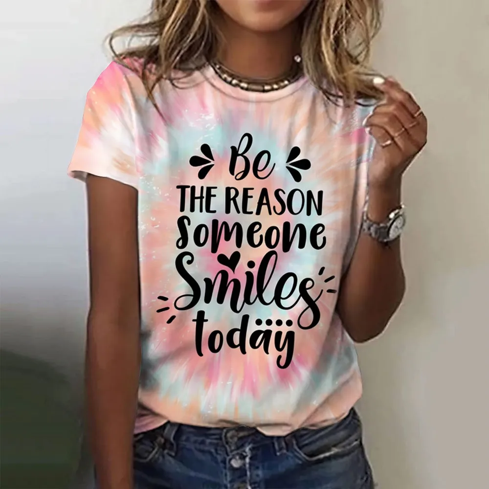 Summer Gradient Letter 3D Print T-shirts Women Streetwear Casual Fashion Y2k Short Sleeve T Shirt O-neck Tees Tops Clothing