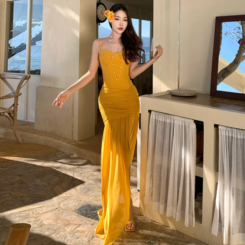 女性用イエローチュールボディコンイブニングガウン、サイドスリット入り、ボーン入り、パネル付き、ギャザー入りペンシルマーメイドスカート、エレガントなクラブパーティー、プロム、ドレス