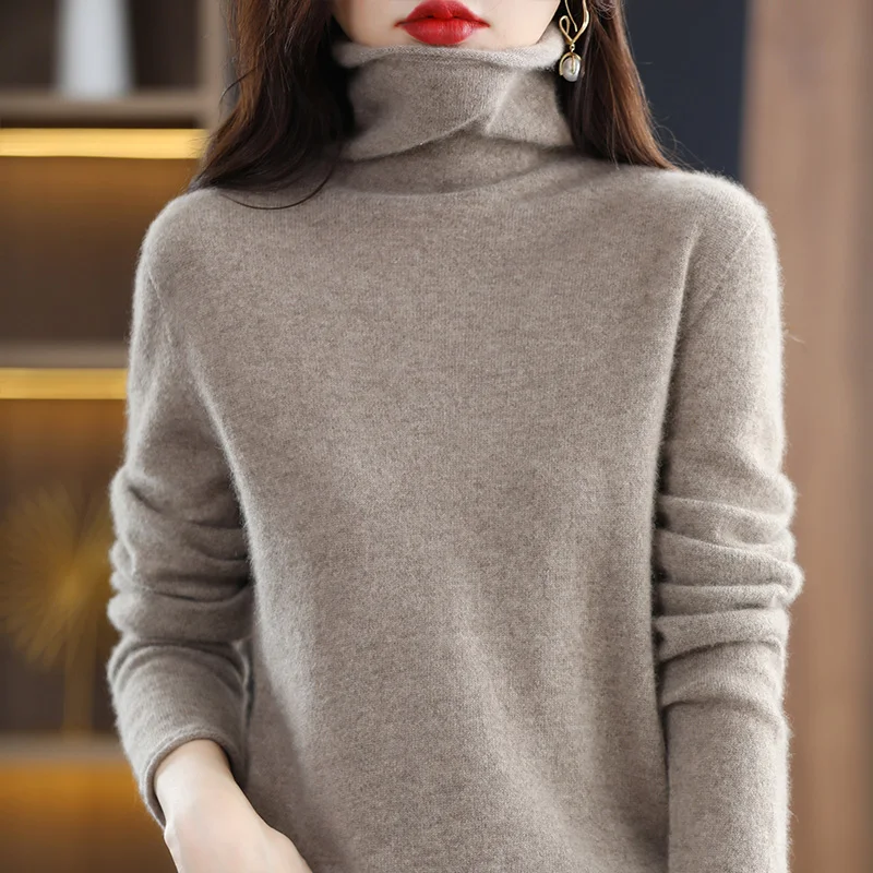 여성용 100% 퓨어 울 터틀넥 스웨터, 얇고 다용도, 루즈한 하이 엔드 파일 칼라 보터밍 스웨터, 신상